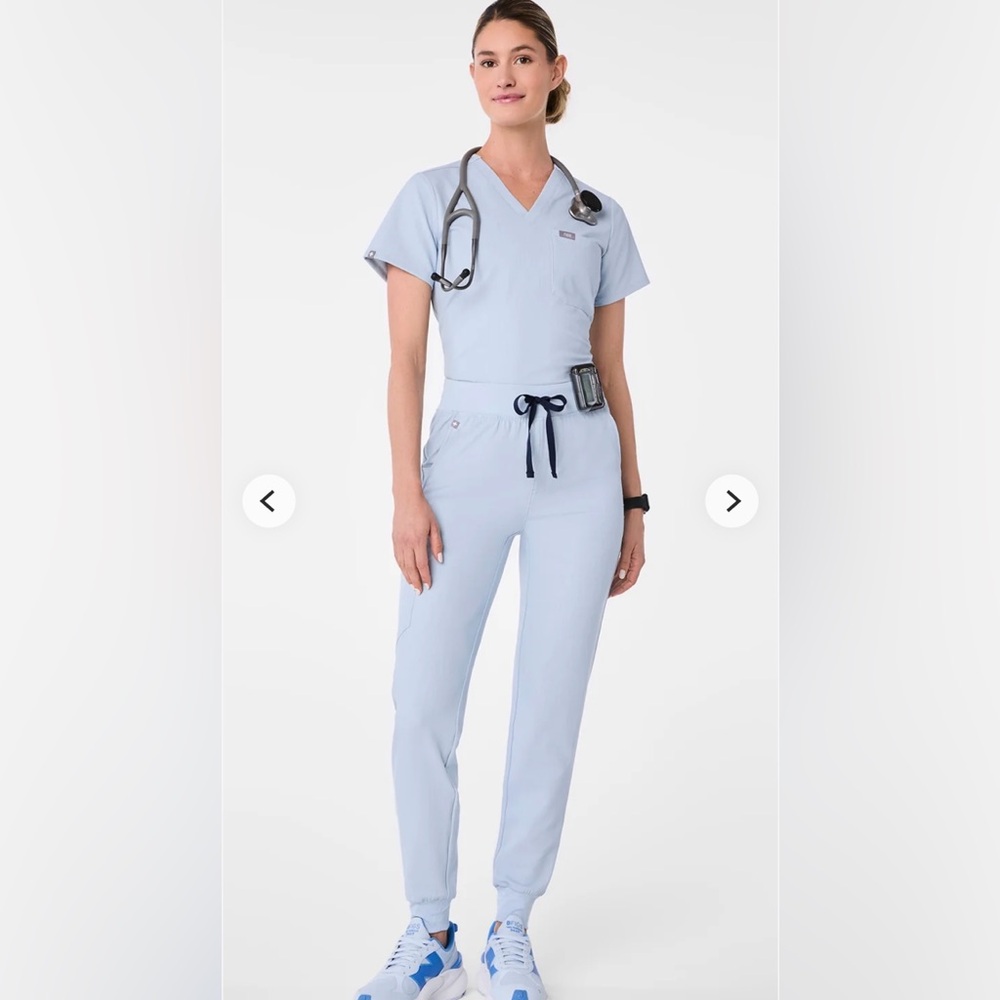 Figs Chambray Blue Zamora Joggers and Seamless underscrubs
